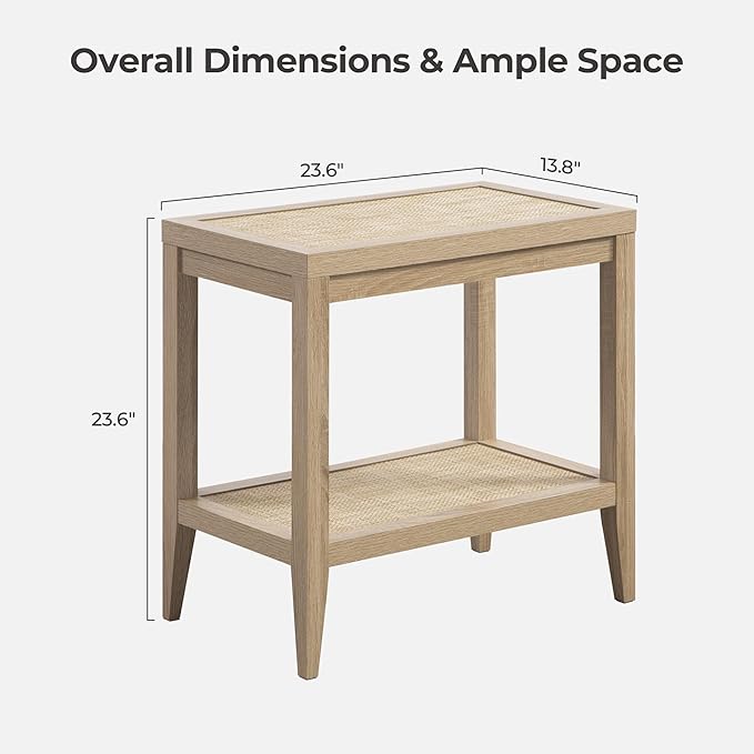 SICOTAS Rattan Nightstand Bedside Table - Farmhouse Boho Narrow Accent End Table with 2 Open Rattan Shelves for Bedroom, Living Room, Small Spaces - Light Oak