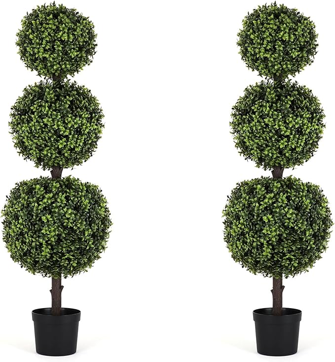 Bornbridge Artificial English Boxwood Topiary Ball Tree - 4' English Boxwood Ball Tree - Indoor/Outdoor Topiary Trees - Artificial Outdoor Plants - Lifelike English Boxwood Plant (2 Pack)