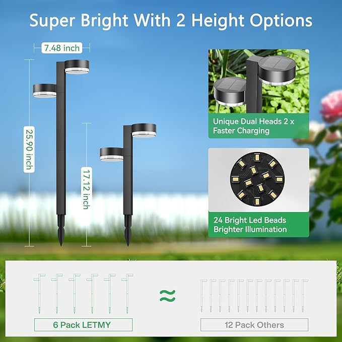 Solar Pathway Lights Outdoor Waterproof, 2 Pack with 4 Head Solar Lights Outdoor Super Bright Up to 12Hrs, Auto On/Off Garden Light for Yard Patio Path Walkway Driveway Outside Decor