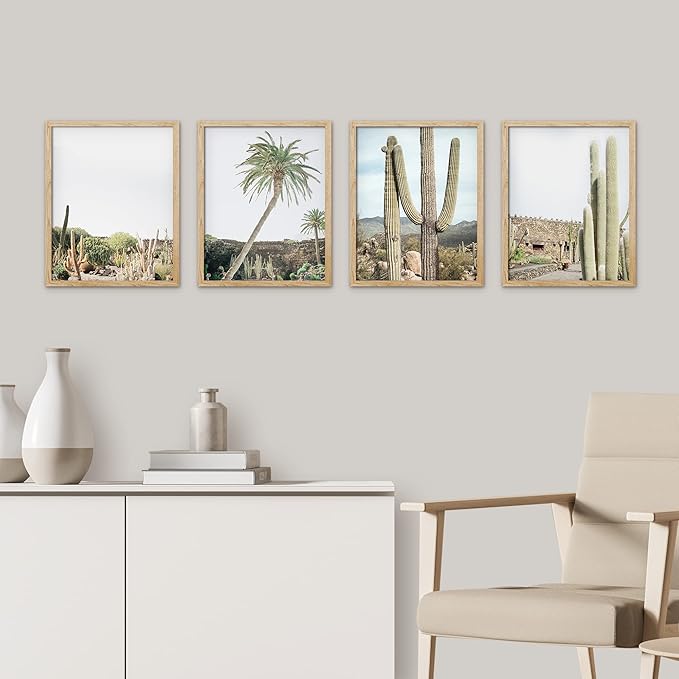 SIGNWIN Framed Tropical Palm Tree Saguaro Cactus Wall Art, Set of 4 Desert Landscape Wall Decor Prints, Nature Wilderness Wall Décor for Living Room, Bedroom - 8"x10"x 4 Natural