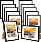 12 Packs A4 Picture Frames, Display 6x8 with Mat or 8.3x11.7 Without Mat, Gallery Wall Frame Set, 8.3 by 11.7 Frames Bulk Set of 12 Collage Wall Decor Photo Frames Set for Wall and Tabletop, Black