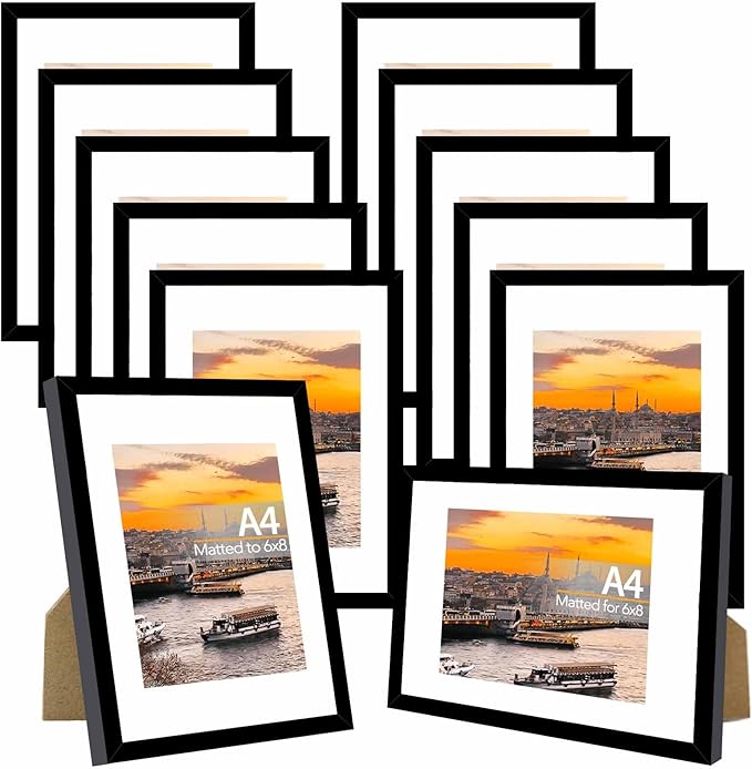 12 Packs A4 Picture Frames, Display 6x8 with Mat or 8.3x11.7 Without Mat, Gallery Wall Frame Set, 8.3 by 11.7 Frames Bulk Set of 12 Collage Wall Decor Photo Frames Set for Wall and Tabletop, Black