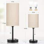 Dicoool 17Inch Tall Bedroom Lamps with USB C and A Ports 3 Color Temperatures - Pull Chain Beige Nightstand Bedside Table Lamp with AC Outlet, Side Lamp for Living Room End Table