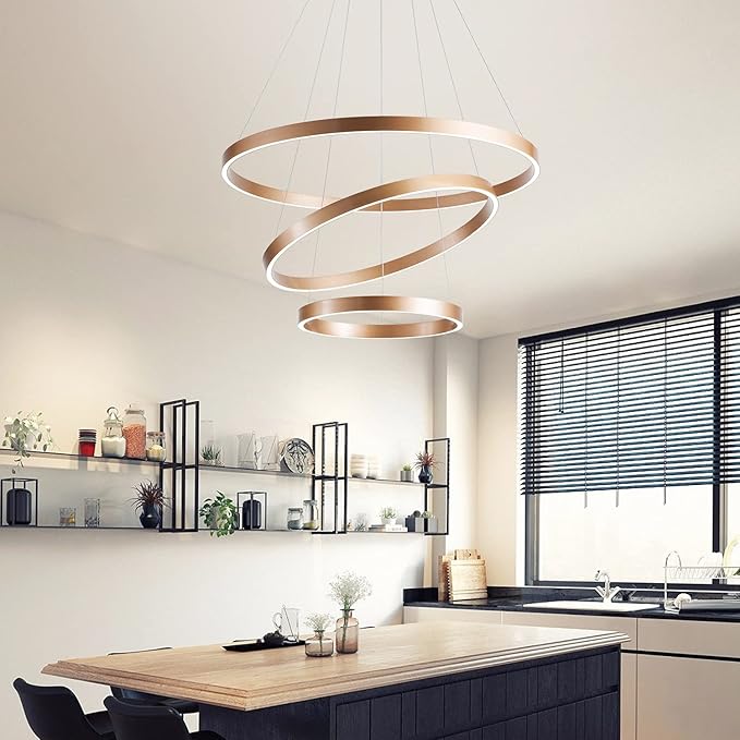 MADEM Modern LED Chandelier 3-Ring Circular Dimmable Pendant Light Contempoary Chanderlier Flush Mount Pendant Lighting for Living Room Dining Room, Bedroom,3000K-6000K,Gold