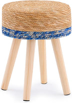 Handwoven Outdoor Ottoman, Water Hyacinth Pouf Round Patio Footstool with Wood Legs, 17-Inch Multipurpose Vanity Stool, Dining Chair, Patio Footrest for Balcony and Garden, Blue