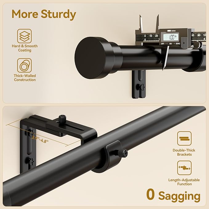 Curtain Rod 32-58 Inch, Heavy Duty 1 Inch Adjustable Curtain Rods for Windows, Black Short Window Treatment Rods, Modern Design, Easy Installation