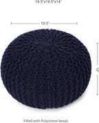 REDEARTH Round Pouf Foot Stool Bean Bag Ottoman - Cable Knitted Cord Boho Pouffe - Poof Accent Bean Bag - Handmade by Artisans for Living Room - Bedroom (19.5"x19.5"x14") - Navy Blue