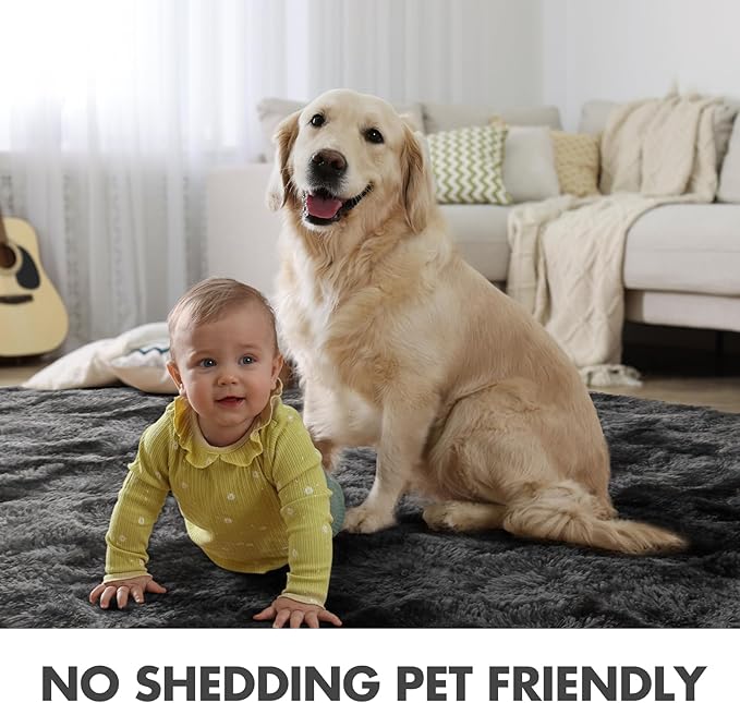 7x10 Ft Extra Large Shag Rugs for Living Room, Tie Dyed Ultra Soft Fluffy Furry Area Rugs for Bedroom Indoor Floor, Aesthetic Carpet for Kids Home Decor (Dark Grey)