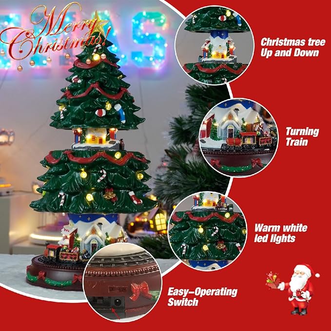 19" Christmas Tree Village House - Animated Tabletop Display with Moving Train, Up & Down Christmas Tree, LED Lights, and Holiday Music - Adapter Included Christmas Decor for Home Gift
