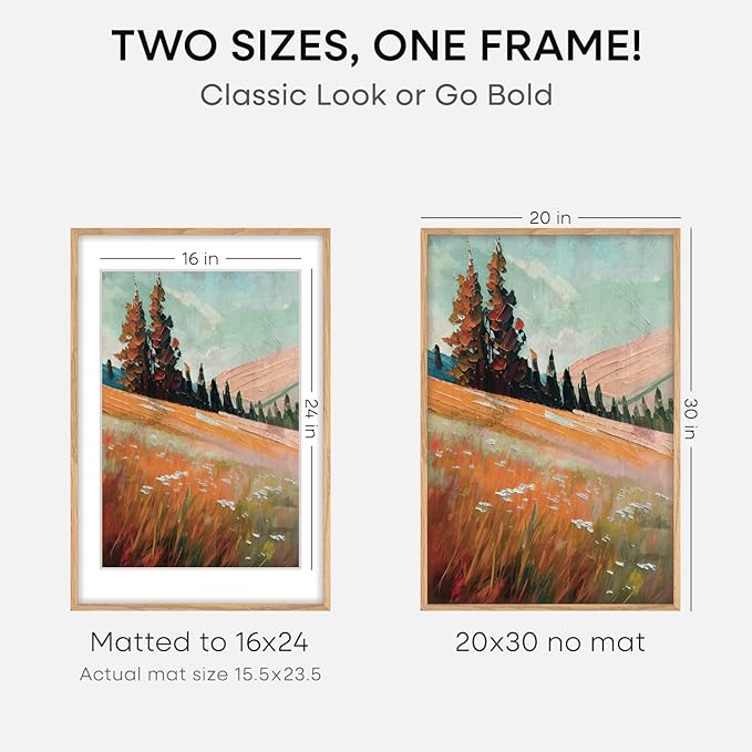 Homeforia 20x30 Picture Frame Wood, High End Natural Oak 20 x 30 Frame with Mat 16 by 24, 20x30 Light Wooden Poster Frames Matted to 16x24 Photo, 30by20 Large Frame, Tempered Glass, Wall Kit, Set of 1