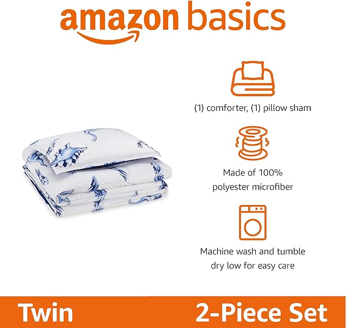 Amazon Basics 2 Piece Soft Microfiber Kid's Comforter and Pillow Sham Set, Twin, Dinosaurs, Animal Print