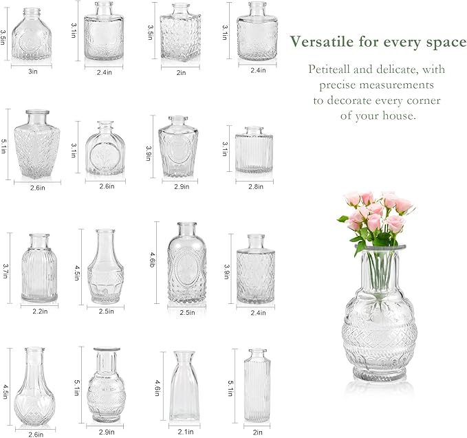 16pcs Glass Bud Vase, Small Vase for Flower, Clear Flower Vases for Centerpieces, Mini Vintage Vase in Bulk for Wedding Table Home Decoration