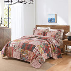 Cotton Bedspread Quilt Sets Reversible Bedding Coverlet Sets 3 Pieces Gorgeous Vintage Damask Red Patchwork Bedspread, Queen Size