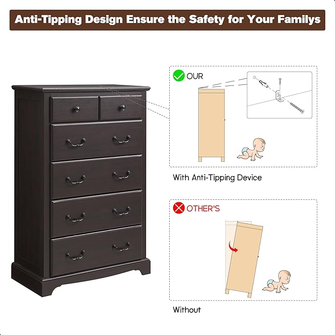 T4TREAM 6 Drawers Dresser Chests for Bedroom, 48" Tall Rustic Chset of Drawers, Wood Dressers Organizer for Bedroom, Living Room,Hallway, Espresso