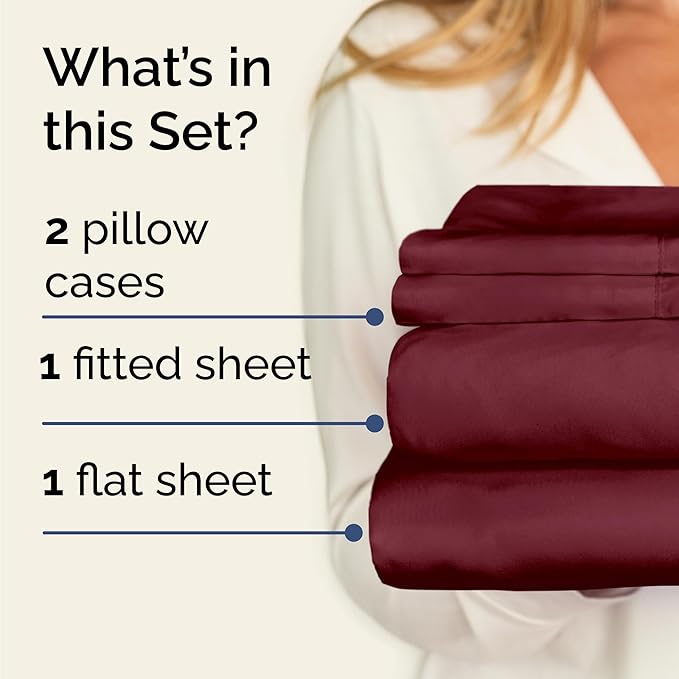 Twin Sheets Set 4 Piece - Includes 2 Pillowcases - Bed Sheets Twin Size - Soft Hotel Luxury Bedding - Cooling, Comfy, Cozy & Breathable - 1 Flat & 1 Fitted & 2 Pillowcases w/ Deep Pockets - Burgundy