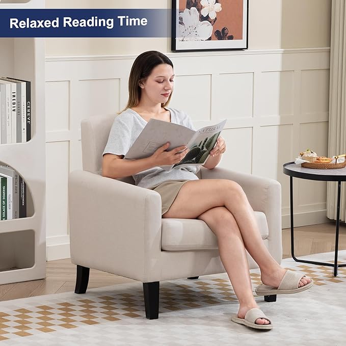 Accent Chair, Mid Century Modern Living Room Chairs Comfy Reading Chair with Upholstered Cushion Relax Armchair for Bedroom Apartment,Office,Begie