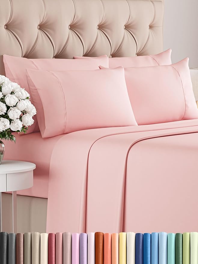 Full Sheets Set 6 Piece - Includes 4 Pillowcases - Bed Sheets Full Size - Soft Hotel Luxury Bedding - Cooling, Comfy, Cozy & Breathable - 1 Flat & 1 Fitted & 4 Pillowcases w/ Deep Pockets - Baby Pink