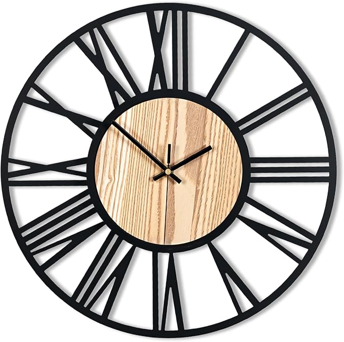 16inch/40cm Wall Clock for Bedroom Living Room Battery Operated Metal Decorative Analog Silent Analog Non Ticking Clocks Room Wall Decor (Wooden Roman Numerals, 16 inches)
