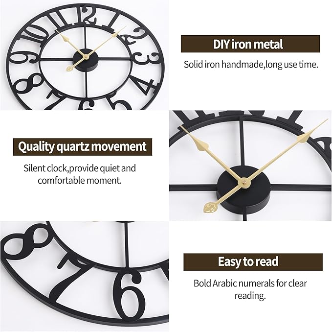 1st owned Wall Clock 24 Inch Round Large Indoor Wall Clocks Battery Operated Silent Non Ticking, Farmhouse Vintage Decorative Analog Metal Clock for Living Room, Kitchen, Bedroom Decor