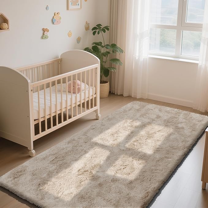 Soft Runner Rugs for Bedroom, Beige 3x7 Area Rugs Fluffy Rug Shaggy Area Rug Carpet, Bedside Rug for Living Room Bedroom Kids Room Home Decor
