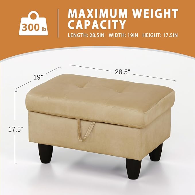 Ottoman Rectangular Storage Ottoman Bench, Flannel Footrest Stool Footstool with Lid for Living Room, Bedroom, Entryway, Light Brown, 28.5"x19"x17.5"