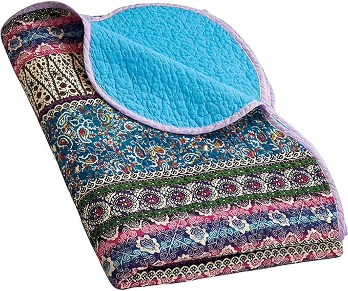 Cozyholy Boho Quilt Twin Size 100% Cotton Quilted Blanket Colorful Bohemian Striped Bedspread Coverlet Reversible Lightweight Stitch Vintage Bed Cover Throw Blanket for Couch Sofa Blue