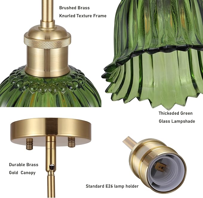 Modern Gold Pendant Light 3 Pack Brushed Brass Mid Century Chandelier Green Glass Shades Adjustable Rods Farmhouse Ceiling Hanging Lighting Fixture Kitchen Island Dining Room Bedroom