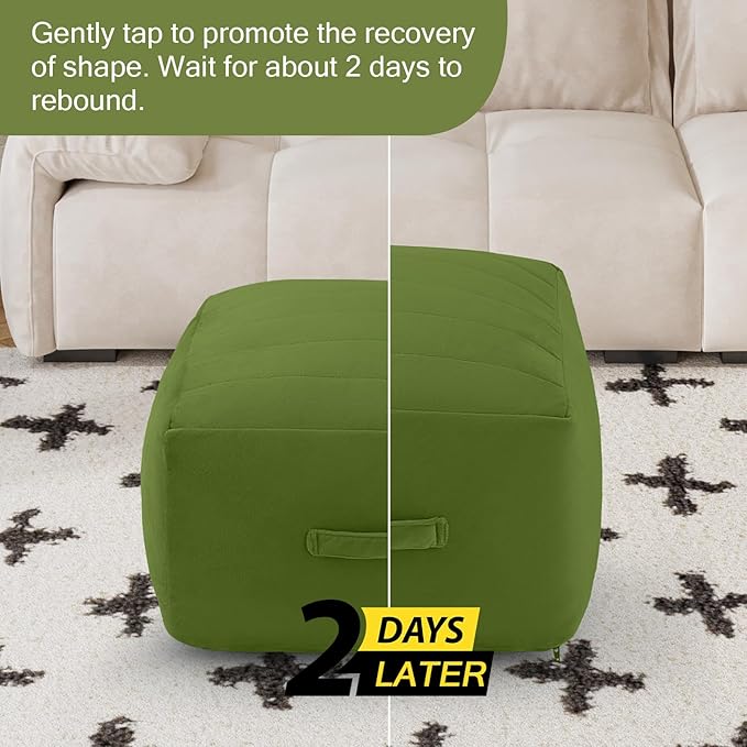 MeMoreCool Square Stuffed Pouf Ottoman Foot Rest, Floor Pouf Foot Stool with Foam Chunk Filling, Soft Stuffed Ottoman Footrest for Living Room, Green