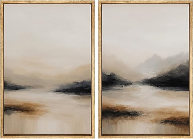 SIGNFORD Framed Canvas Print Wall Art Set Abstract Mountain Landscape Neutral Beige and Black Illustration Modern Art Decorative Nordic Nature for Living Room, Bedroom, Office - 16"x24"x2 Natural