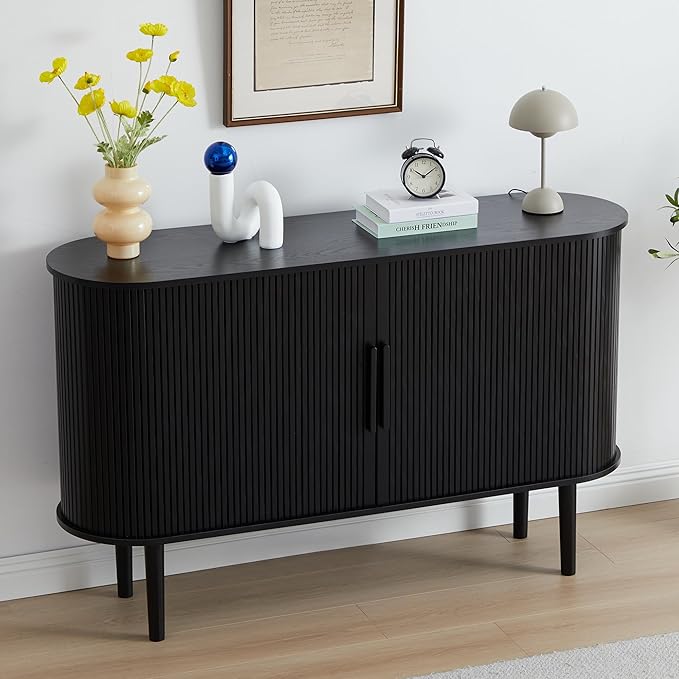 53''Sideboard Buffer Cabinet with Fluted Slide Doors, Modern Credenza Storage Cabinet, Tambour Bar Console Table for Living Dining Room Kitchen Hallway Entryway, Black