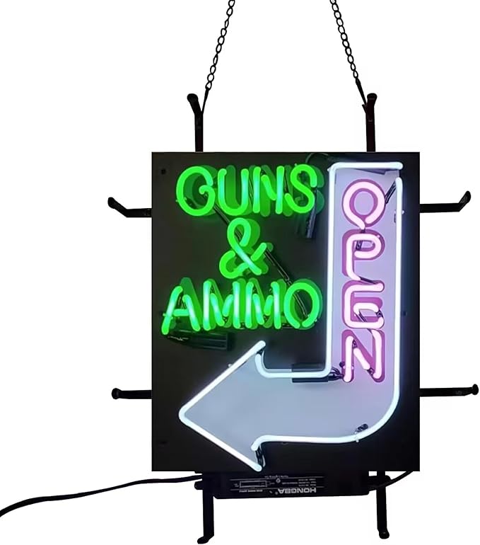 Guns & Ammo Open Neon Signs, Gun Signs Lamp for Gun Store Guns Ammo Store LED Light 24 X 20 Inches High Definition Jet Graphic Printing Board