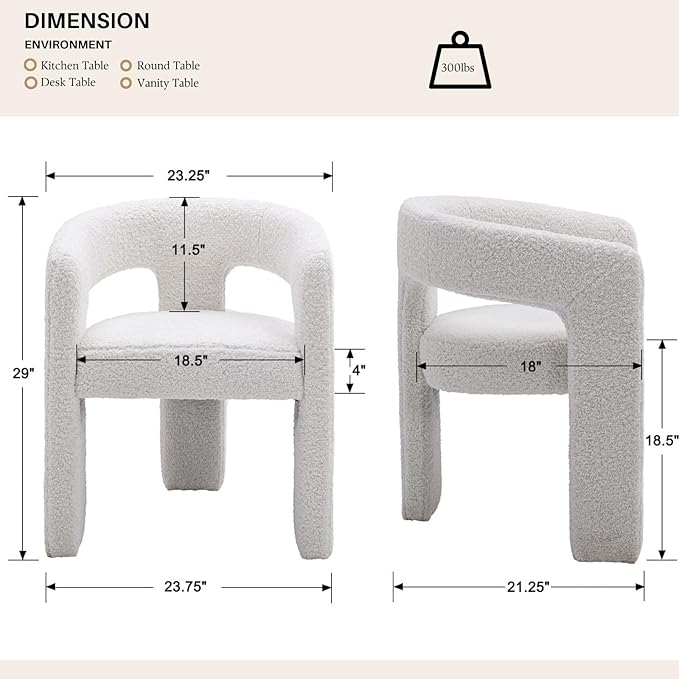 White Boucle Dining Chairs Set of 6, Modern Barrel Dining Room Chairs Upholstered Faux Fur Accent Chair with Arms and Round Back for Living Room Kitchen Armchair No Assembly Needed