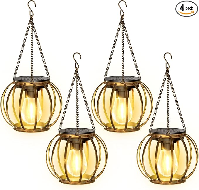 KOOPER Solar Lanterns Outdoor Waterproof, 4 Pack Upgraded Bronze Metal Hanging Solar Lights Outdoor Lanterns, Brighter Auto On/Off Outdoor Hanging Lantern for Yard Patio Pathway Porch Garden Decor