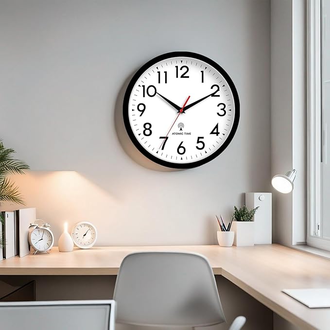 Atomic Wall Clock Analog 14 Inch Battery Operated Modern Decorative for Living Room Kitchen Office Bedroom Bathroom(Black)