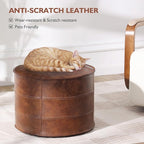 Leather Ottoman,Handmade Stuffed Square Ottoman,Genuine Leather Pouf, Foot Rest Pouf,Comfortable Soft Seating for Living Room & Bedroom (Brown, Round)