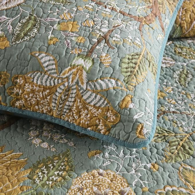 ENASAL Cotton Bedspread Quilt Sets Reversible Bedding Coverlet Sets Comforter, Vintage Floral Farmhouse Pastoral Turquoise Bedspread, Queen Size