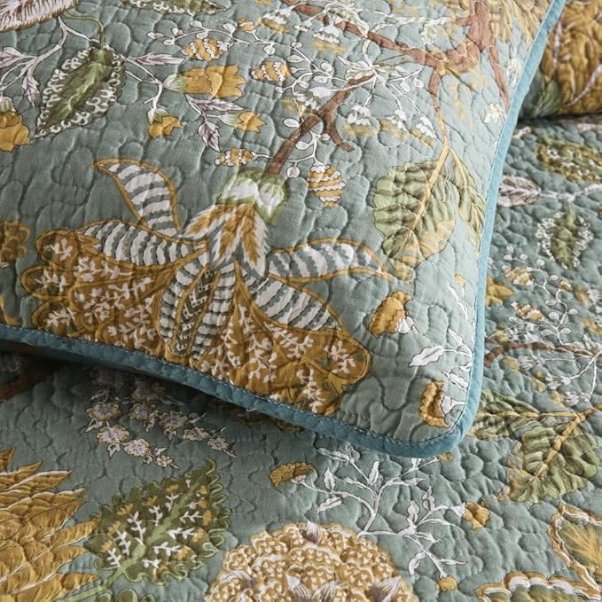ENASAL Cotton Bedspread Quilt Sets Reversible Bedding Coverlet Sets Comforter, Vintage Floral Farmhouse Pastoral Turquoise Bedspread, King Size