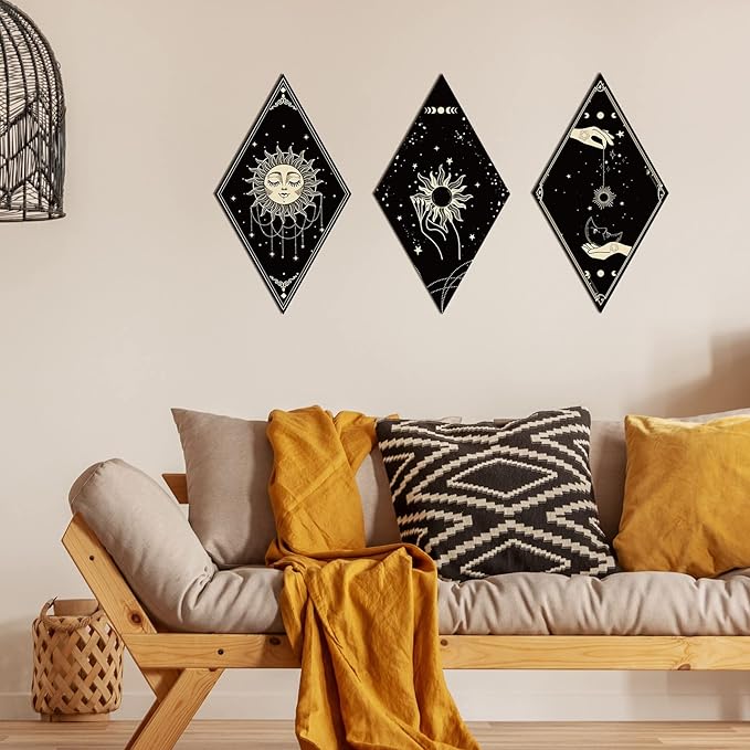 Sintuff 6 Pieces Halloween Gothic Wall Decor Boho Sun Moon Phases Wall Art Gothic Minimalist Stars Sun Hanging Wooden Home Decor Farmhouse Pediments for Gallery Living Bedroom Room(Boho)
