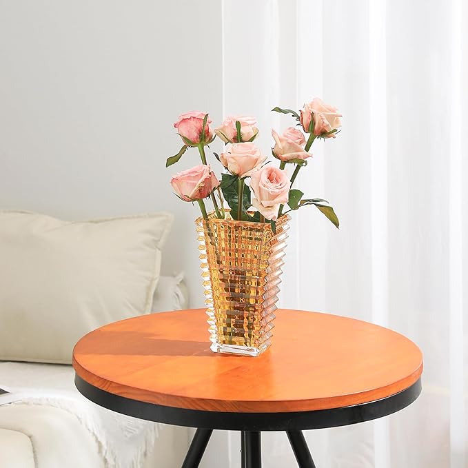 MCMCNCUIU Crystal Vase, Large Crystal Vases for Flowers, Amber Large Flower Vase, Modern Glass Vases for Living Room, Bedroom, Kitchen, Dining Table, Mantle, Wedding, 9 Inches