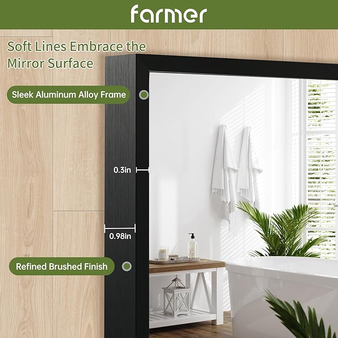 FARMER 20x30 Inch Black Bathroom Mirror, Rectangle Wall Mounted Mirror, Vanity Mirror, Brushed Square Mirror, Framed Bathroom Mirror for Bedrooms, Entryways, Living Rooms, Horizontal/Vertical