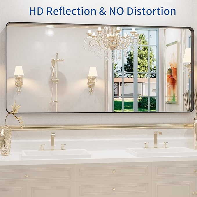 WEER Black Metal Framed Mirror, 60X28 Inch Rectangular Matte Black Wall Mirror for Bathroom, Rounded Corner Black Bathroom Vanity Mirror, Tempered Glass, Anti-Rust, Hangs Horizontal or Vertical