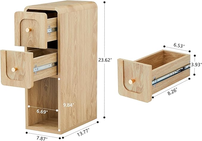 Small Nightstand Set of 2, Wooden Narrow Nightstands with 2 Drawers, Vintage Side End Table for Small Spaces, Skinny Night Stand, Bedside Table for Bedroom, Living Room (Natural-2PCS)