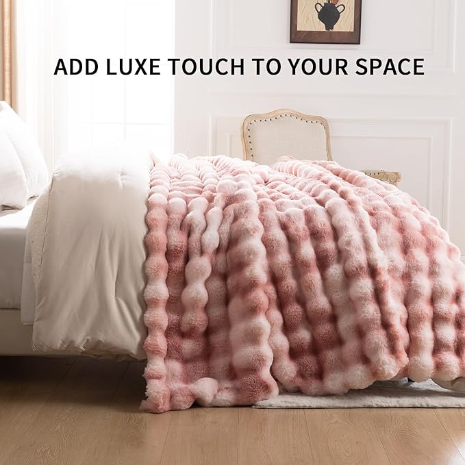 Cozy Faux Fur Throw Blanket for Couch-Warm Fuzzy Throw Blanket, Soft Plush Thick Bubble Blankets for Bedroom and Living Room, Furry Luxury Blanket, 60 x 80, Tie-Dye Pink
