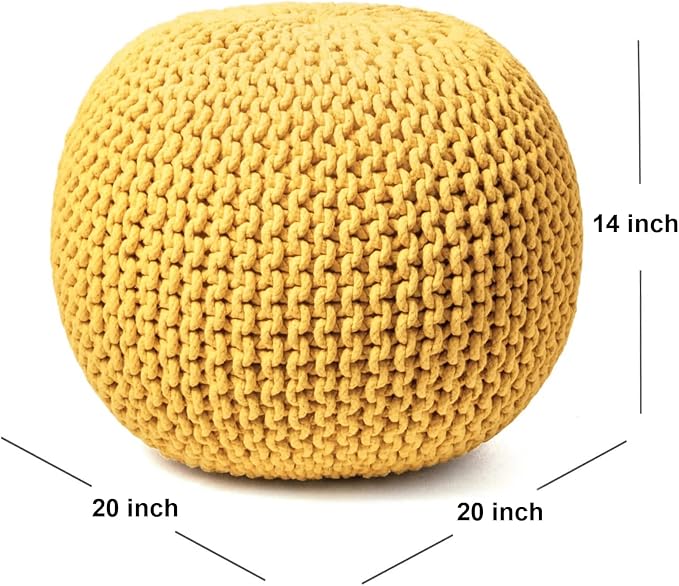 FRELISH DECOR Round Pouf Ottoman Hand Knitted 100% Cotton Pouf Foot Stool - Knitted Bean Bag - Floor Chair for Living Room Bedroom - Foot Rest for Couch (20 Diameter x 14 Height) - Yellow