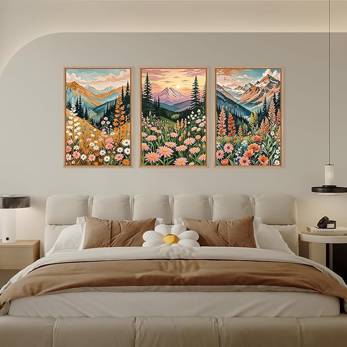 HPINUB Mountain Sunset Floral Framed Canvas Wall Art Set,Colorful Wildflower Daisy Flower Wall Decor,Boho Blossom Botanical Artwork Modern Nature Landscape Art Print for Living Room,Bedroom-24 x36 x3