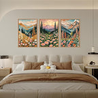 HPINUB Mountain Sunset Floral Framed Canvas Wall Art Set,Colorful Wildflower Daisy Flower Wall Decor,Boho Blossom Botanical Artwork Modern Nature Landscape Art Print for Living Room,Bedroom-24 x36 x3