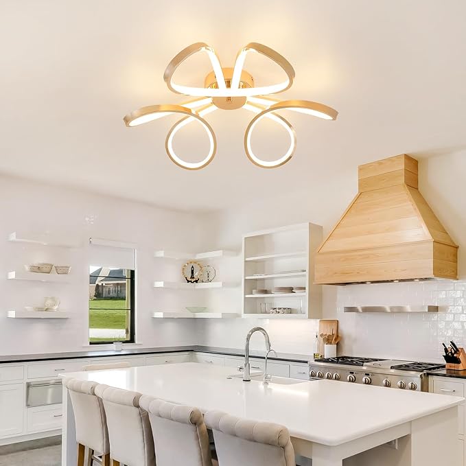 Q&S Modern Dining Room Light Fixture,Kitchen Led Ceiling Light,Dimmable Gold Flush Mount Ceiling Light Fixture for Bedroom with Remote,Led Chandelier for Living Room Hallway 3-Color Change