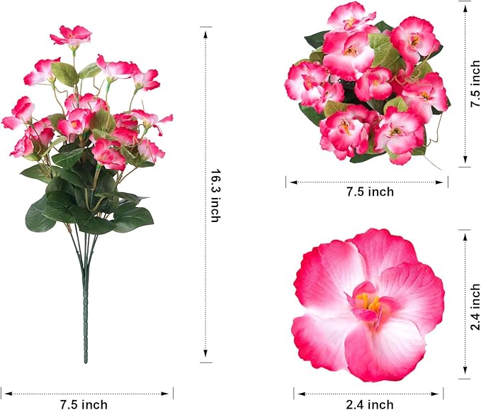 Hibiscus Artificial Flowers Plants for Outdoors Decoration, 6 Bundles Silk Hibiscus Bouquet Tropical Flowers Artificial Realistic UV Resistant Fake Flower for Outside Planter Porch Patio Balcony, Pink