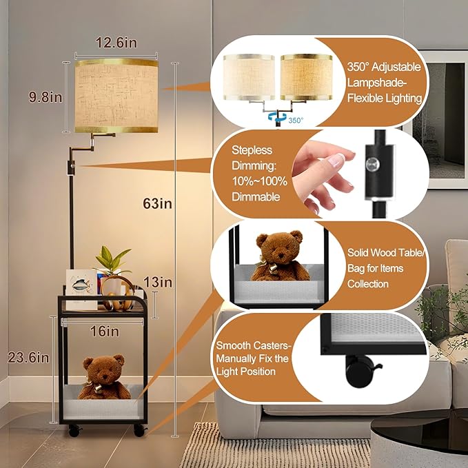 Lightdot 63IN Floor Lamps with Storage Table&Basket, Modern Standing Tall Lamps with Adjustable Fabric Lampshade and Movable&Fixed Casters, Coner End Table Lamp for Living Room/Bedroom/Office-Black