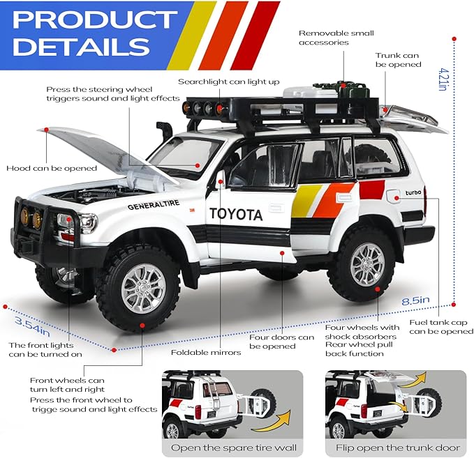 Toy Cars for Boys Diecast Cars 1 24 Scale Compatible with Land Cruiser LC80 Car Model Collectible,Pull Back Toy Car with Lights and Sounds,Toy Cars for Boys Age 4-7（White）